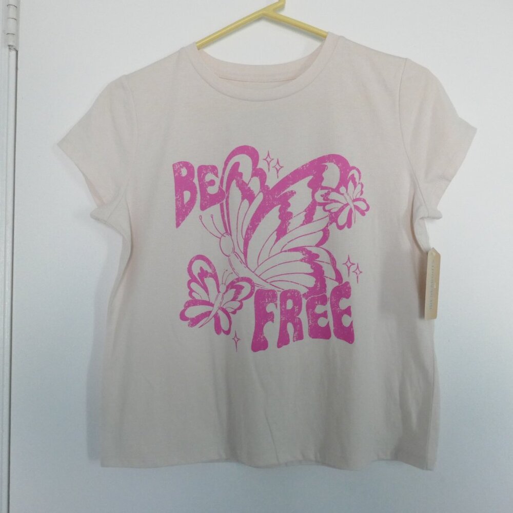 NWT Thereabouts girls cream t-shirt with pink butterfly graphic tee size L
